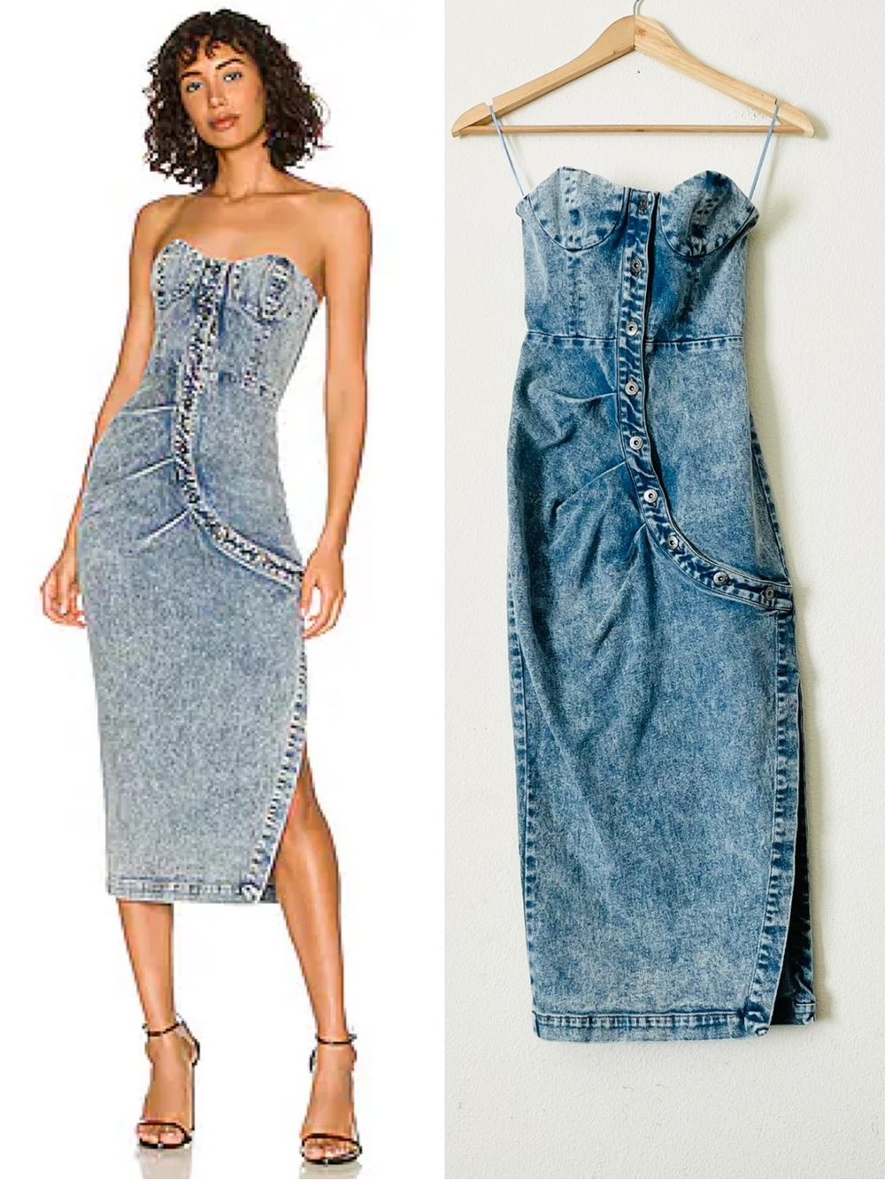 MISHA Revolve SIZE 0 Penina blue acid wash denim strapless midi dress